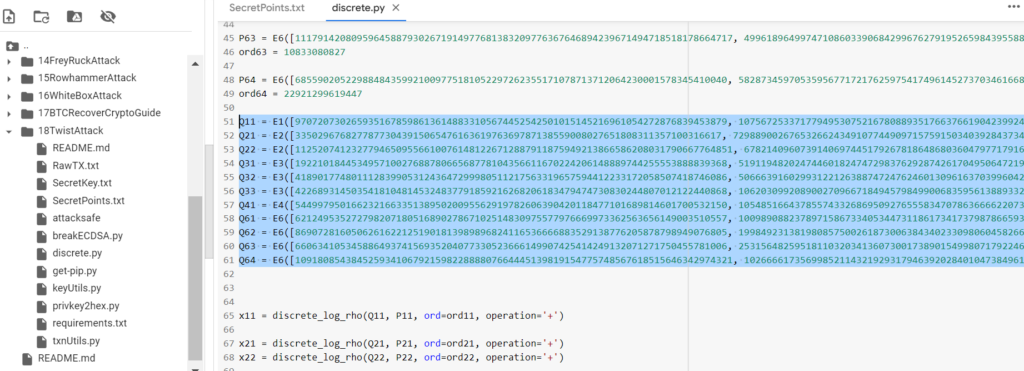 Twist Attack example #2 continue a series of ECC operations to get the value of the private key to the Bitcoin Wallet